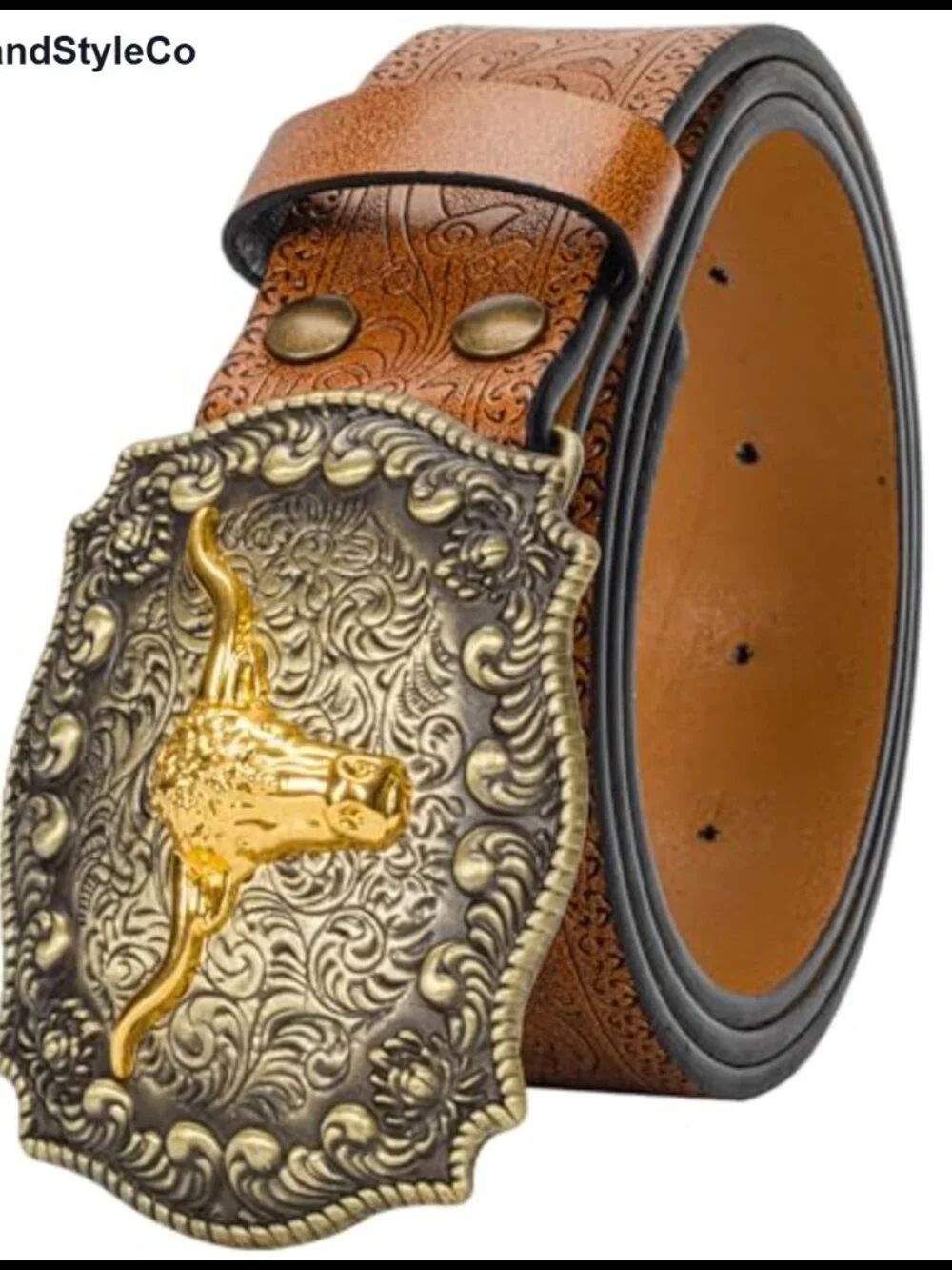Western Cowboy Belt PU Leather Floral Longhorn Buckle Waist 25-38